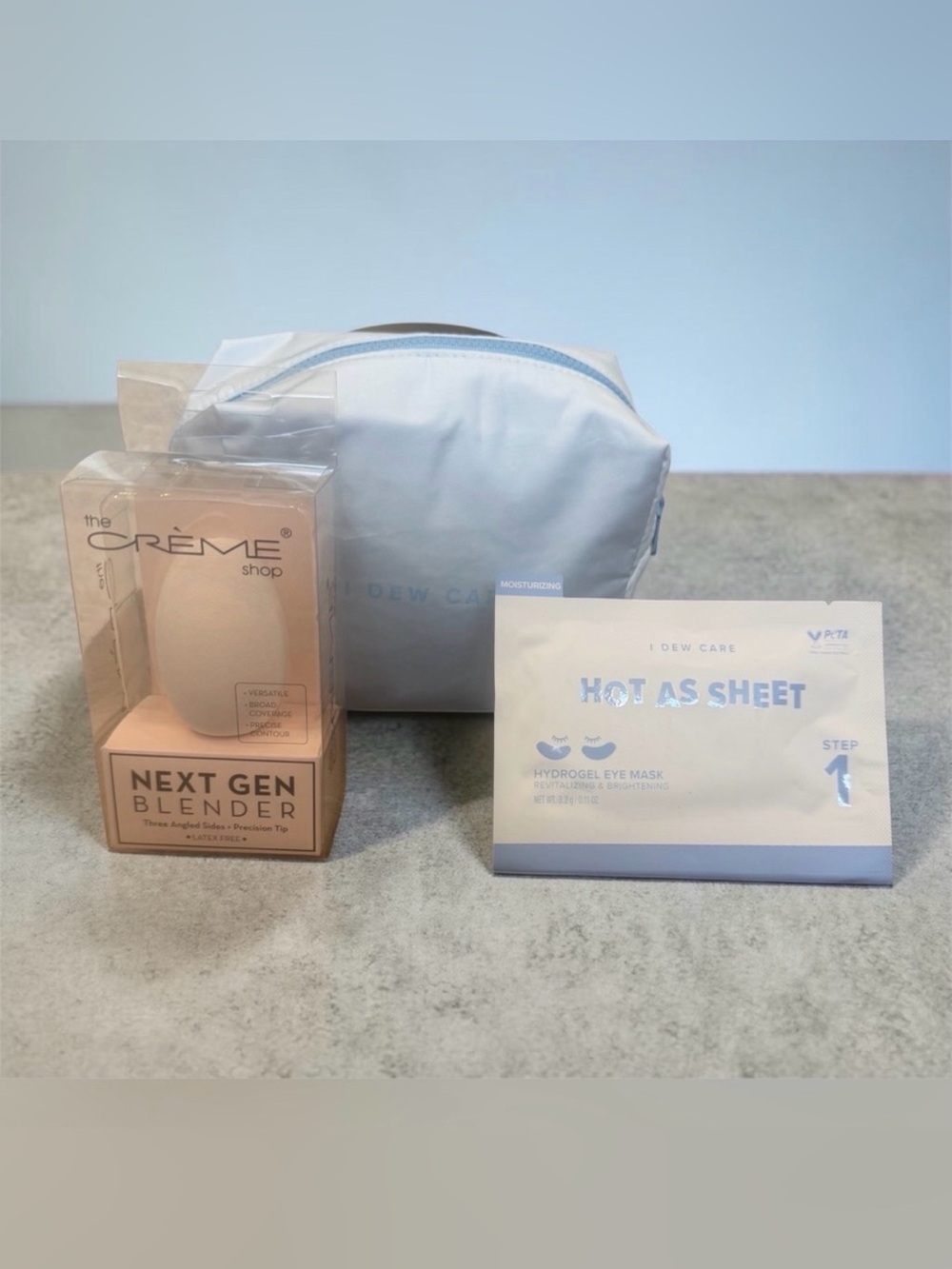 New Light Blue Cosmetic Pouch with Skincare & Blender